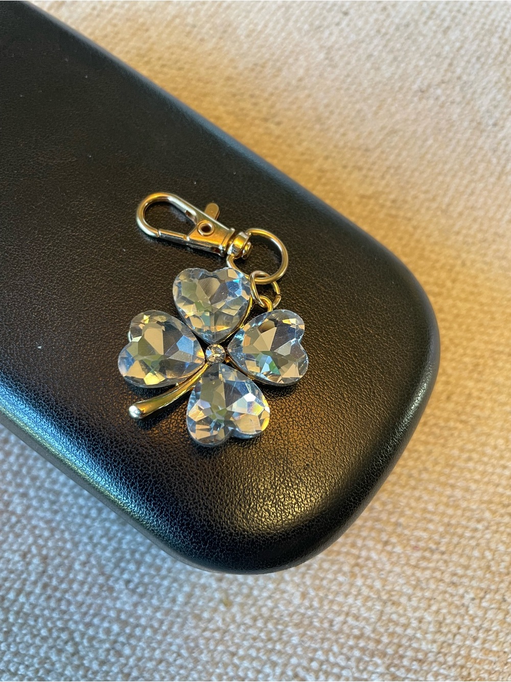 Crystal Four-Leaf Clover Keychain Charm - Clear/Gold